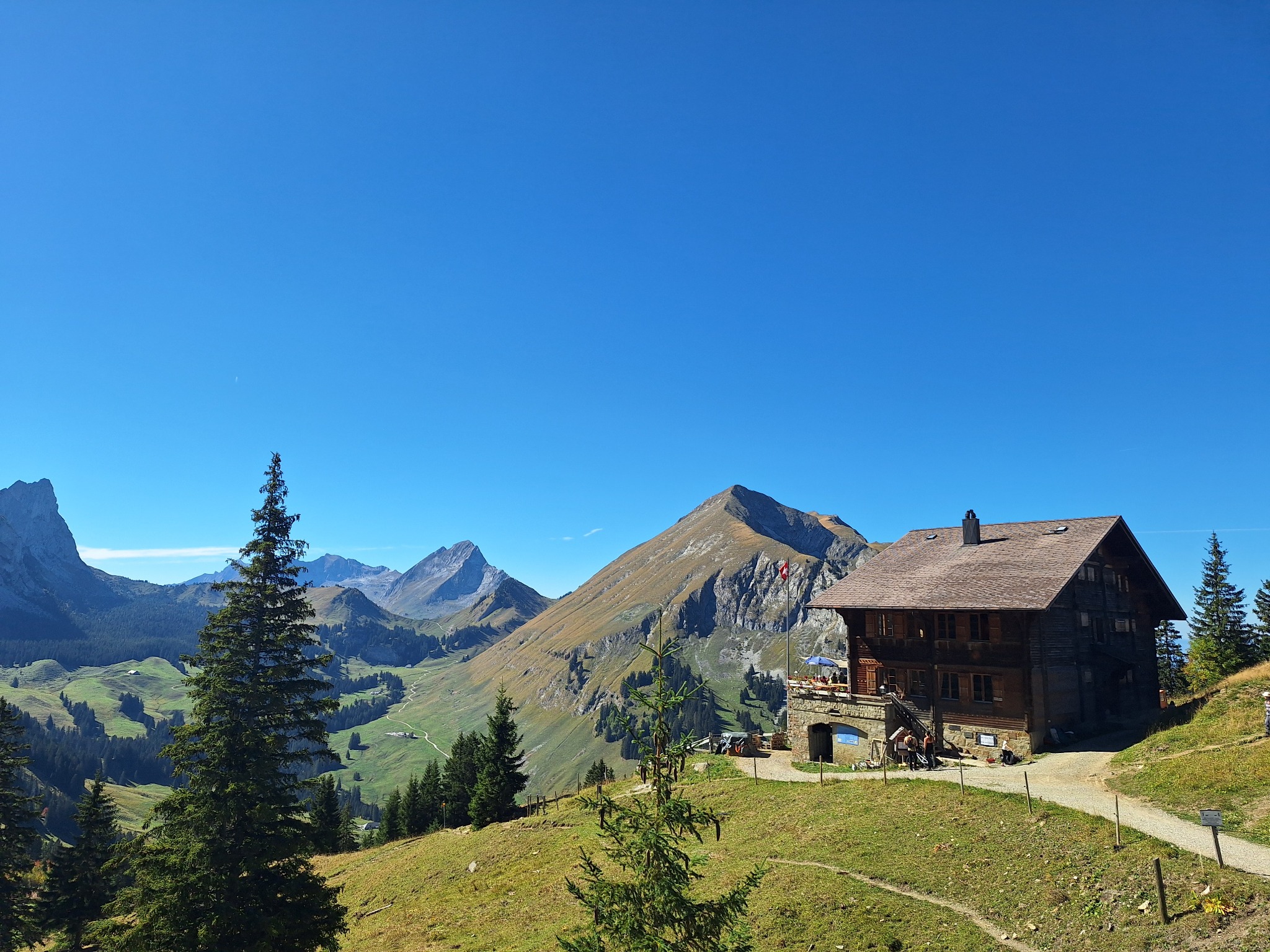 Chalet alpin au-dessus d'une vallée verdoyante